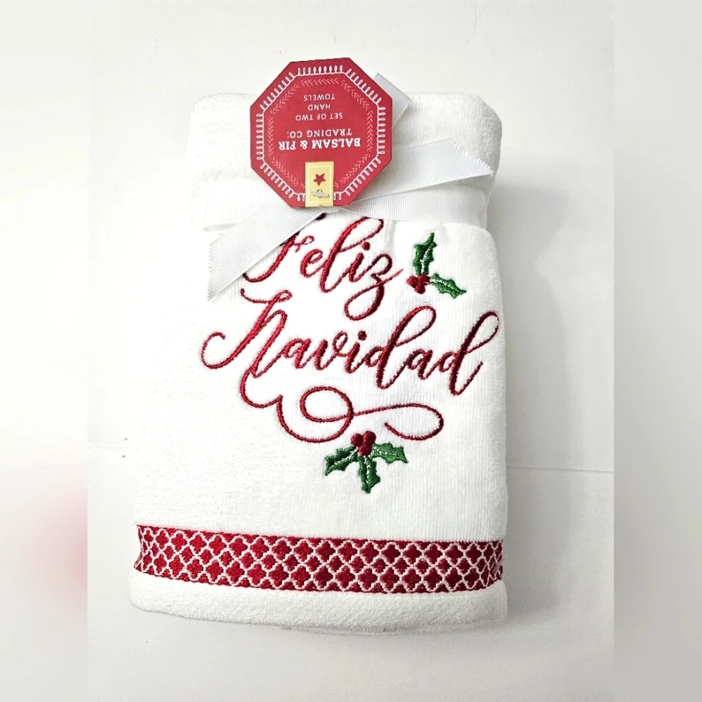 2pc BALSAM & FIR Holiday Hand Towels - 100% Cotton - White/Red/Green